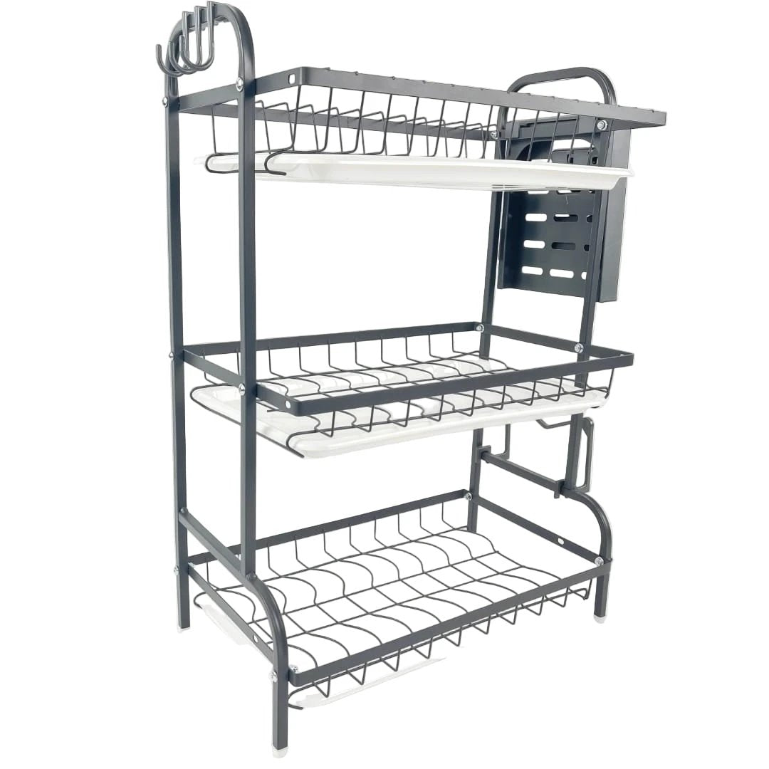3-Tier Carbon Coated Dish Rack with Cutlery Holder and Drip Tray Storage & Organization