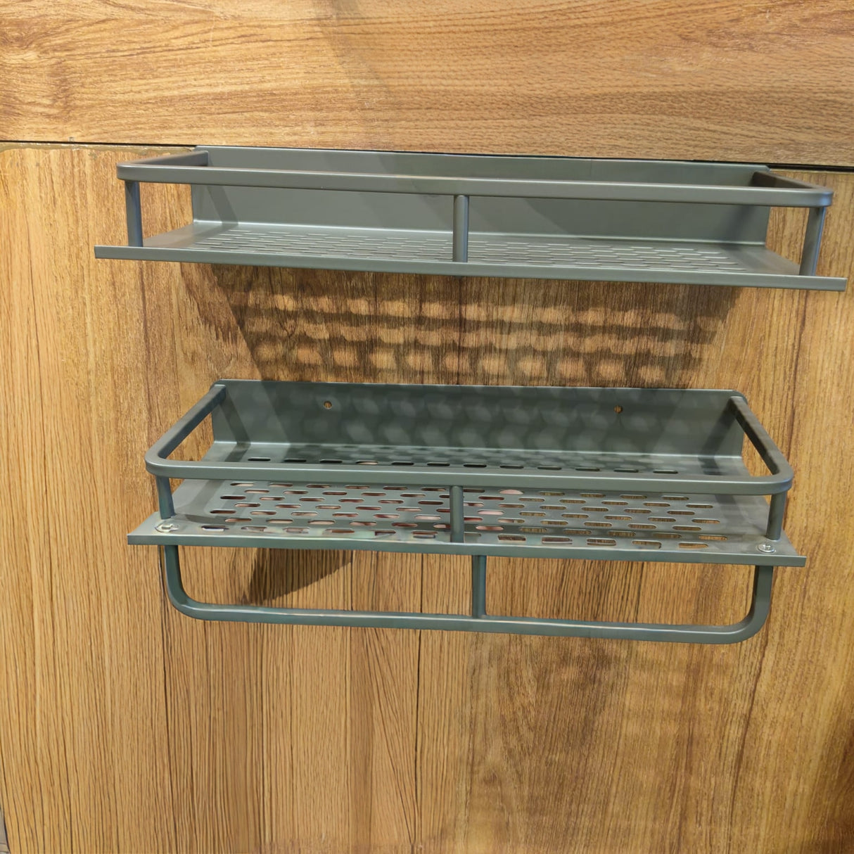 Bathroom Wall Shelf with Towel Bar – Matte Grey, Rustproof & Adhesive Mount