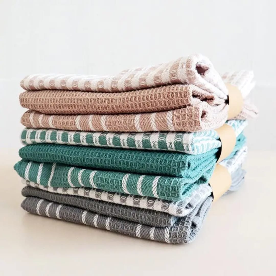 Checked Waffle Weave Kitchen Towels Set of 3 Soft and Absorbent