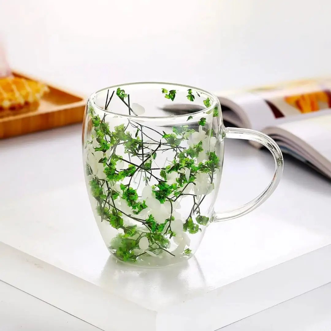 Double Wall Glass Mug with Pressed Floral Design Mugs