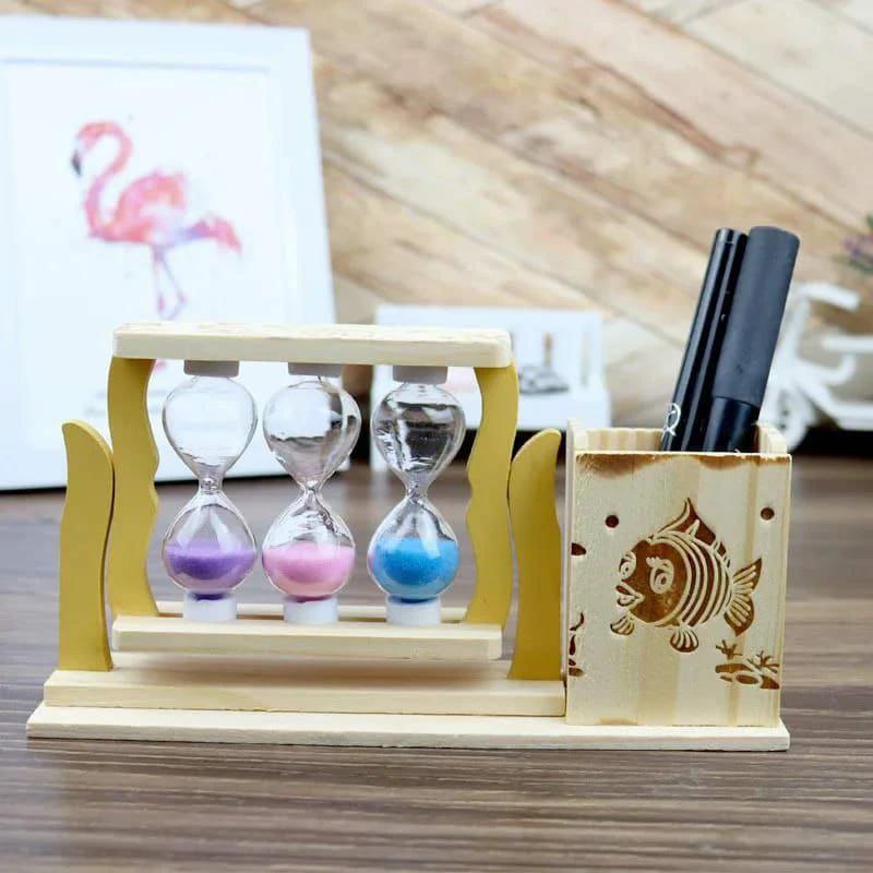 Handicraft Wooden Pen Stand with 3-Hourglass Timer Desk Organizer Pen holder Pen Holders