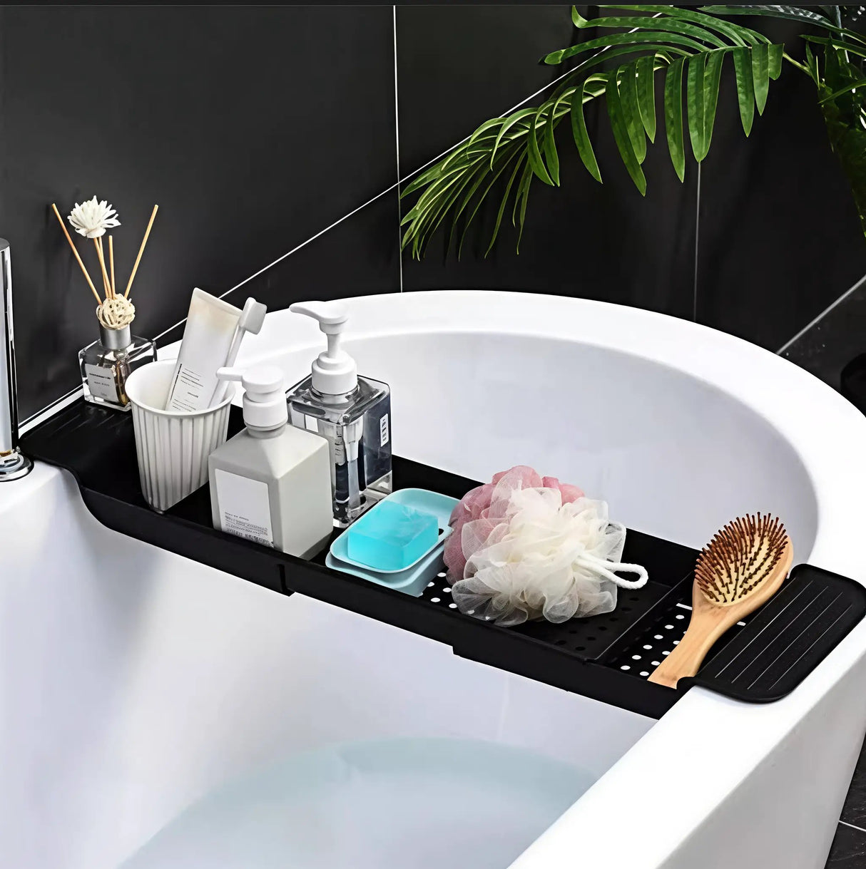 Expandable Bathtub Caddy Tray With Wine Glass Holder Non Slip Black Home & Garden Bathtub Caddies