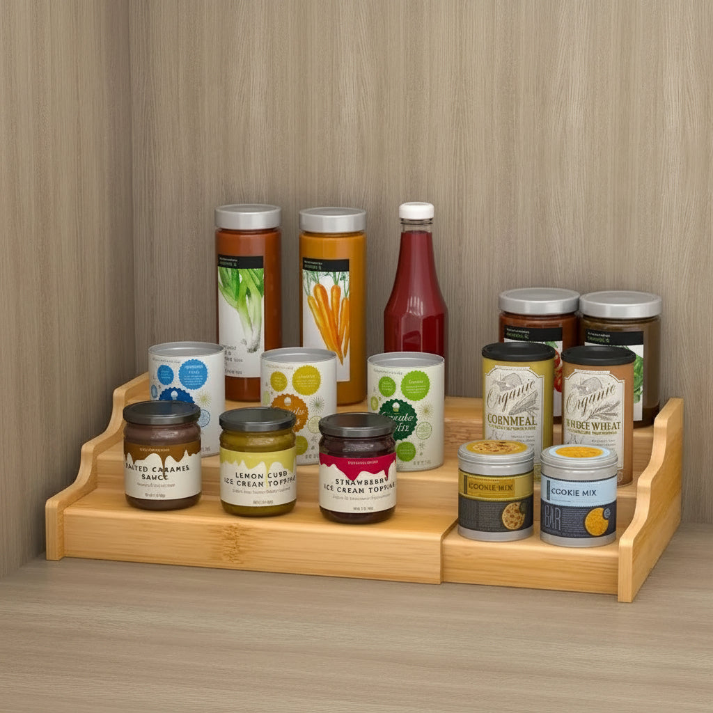3-Tier Expandable Bamboo Shelf Organizer Shelf organizer Shelf Risers