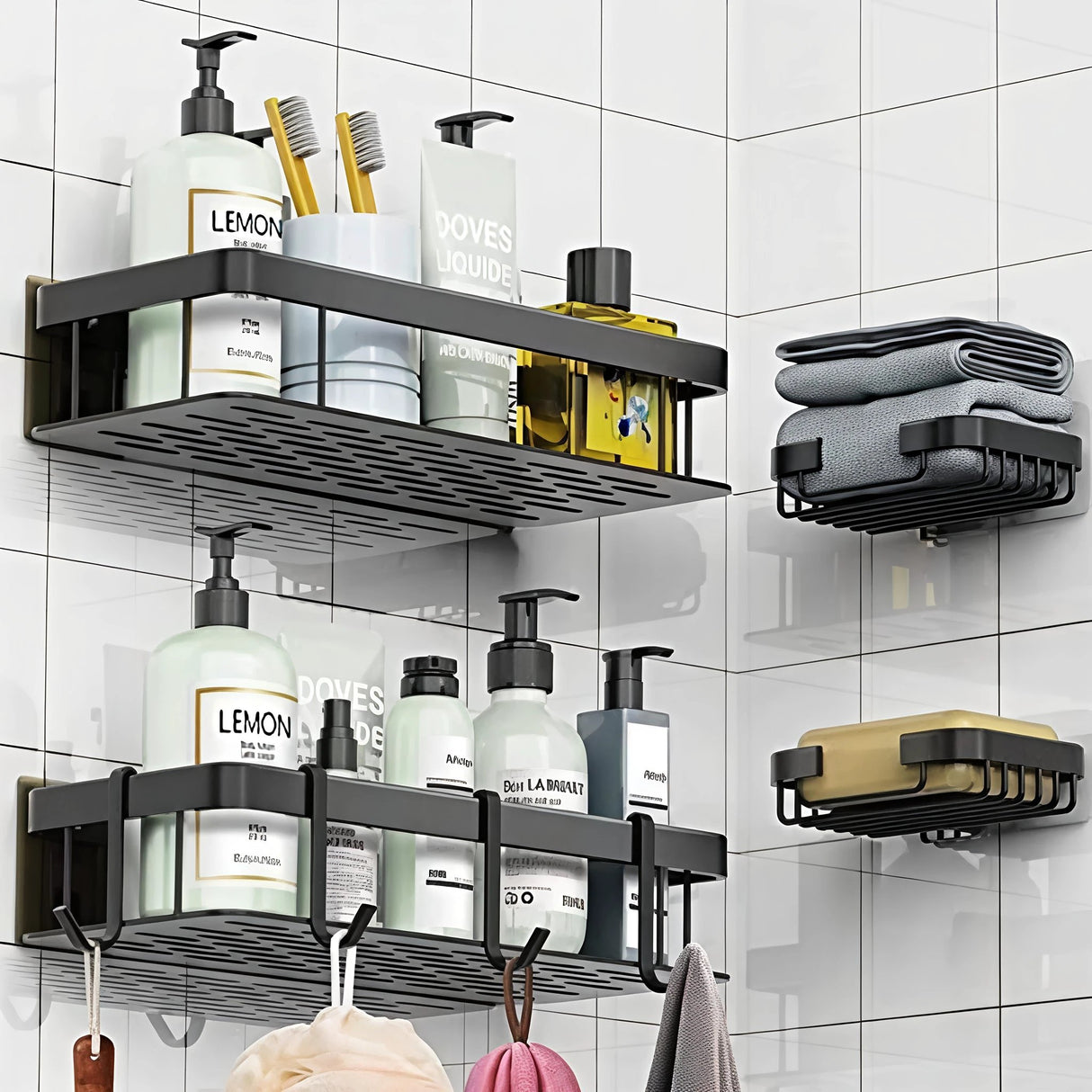 4pcs Shower Caddy Shelf Bathroom Organizer Set with Strong Adhesive Mount Shower caddy Wall-Mounted Caddies