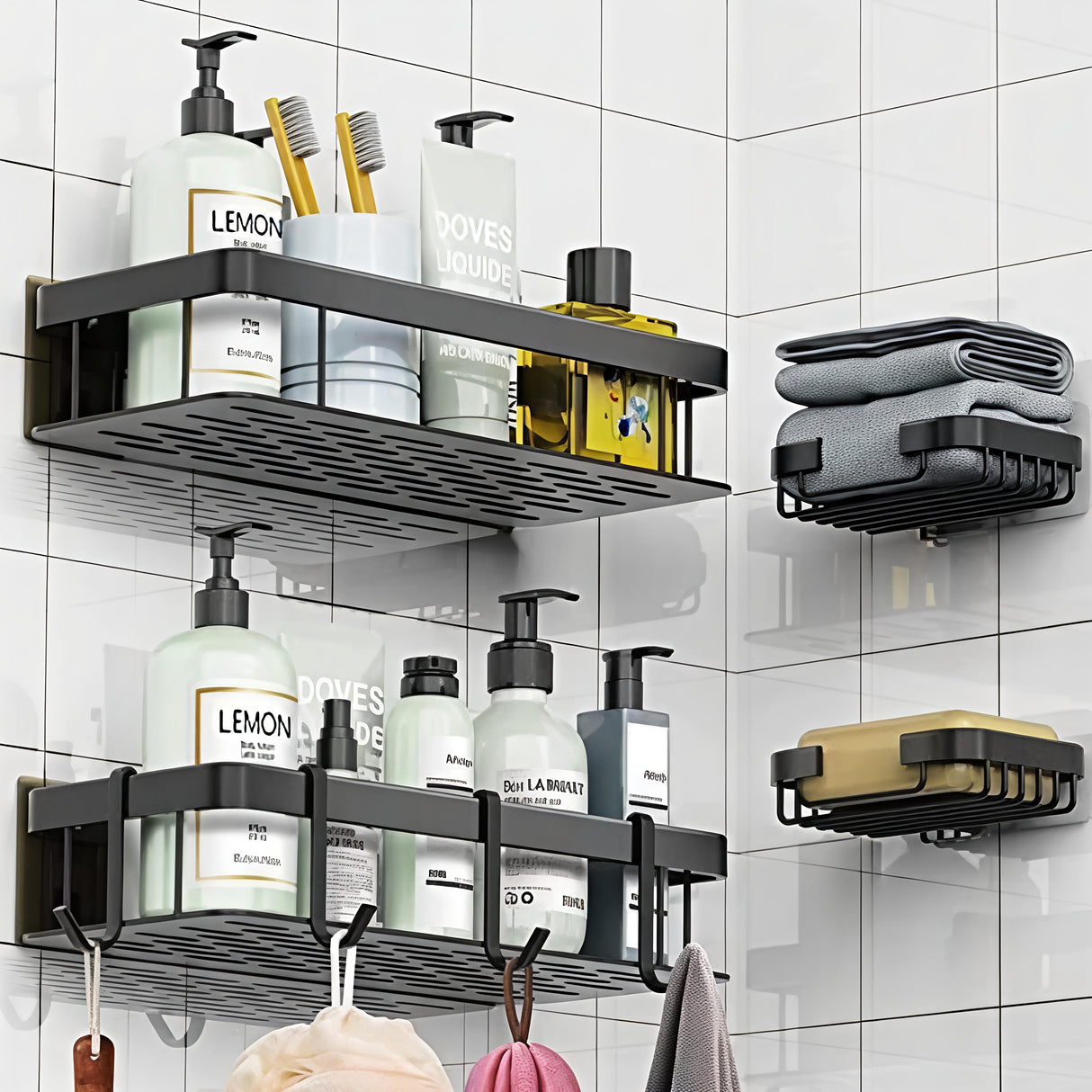 4pcs Shower Caddy Shelf Bathroom Organizer Set with Strong Adhesive Mount