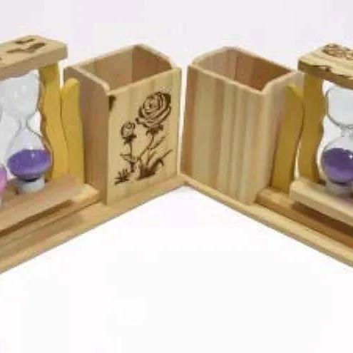 Handicraft Wooden Pen Stand with 3-Hourglass Timer Desk Organizer Pen holder Pen Holders