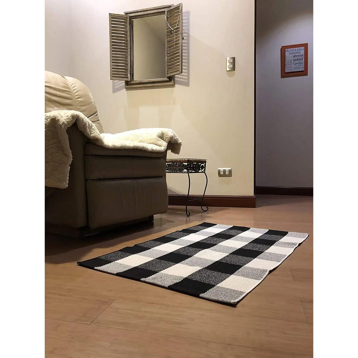 Monochrome Woven Rug 60x90cm Modern Minimalist Checkered Design