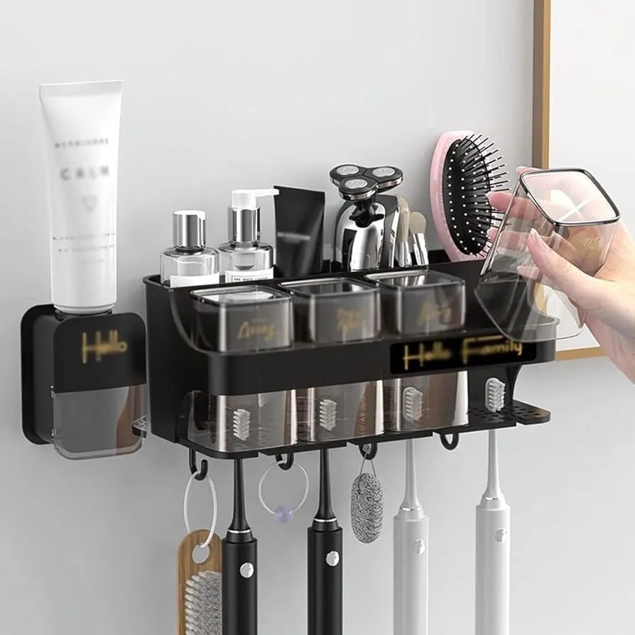 Automatic Toothpaste Dispenser with 4 Cups and Wall-Mounted Storage Rack