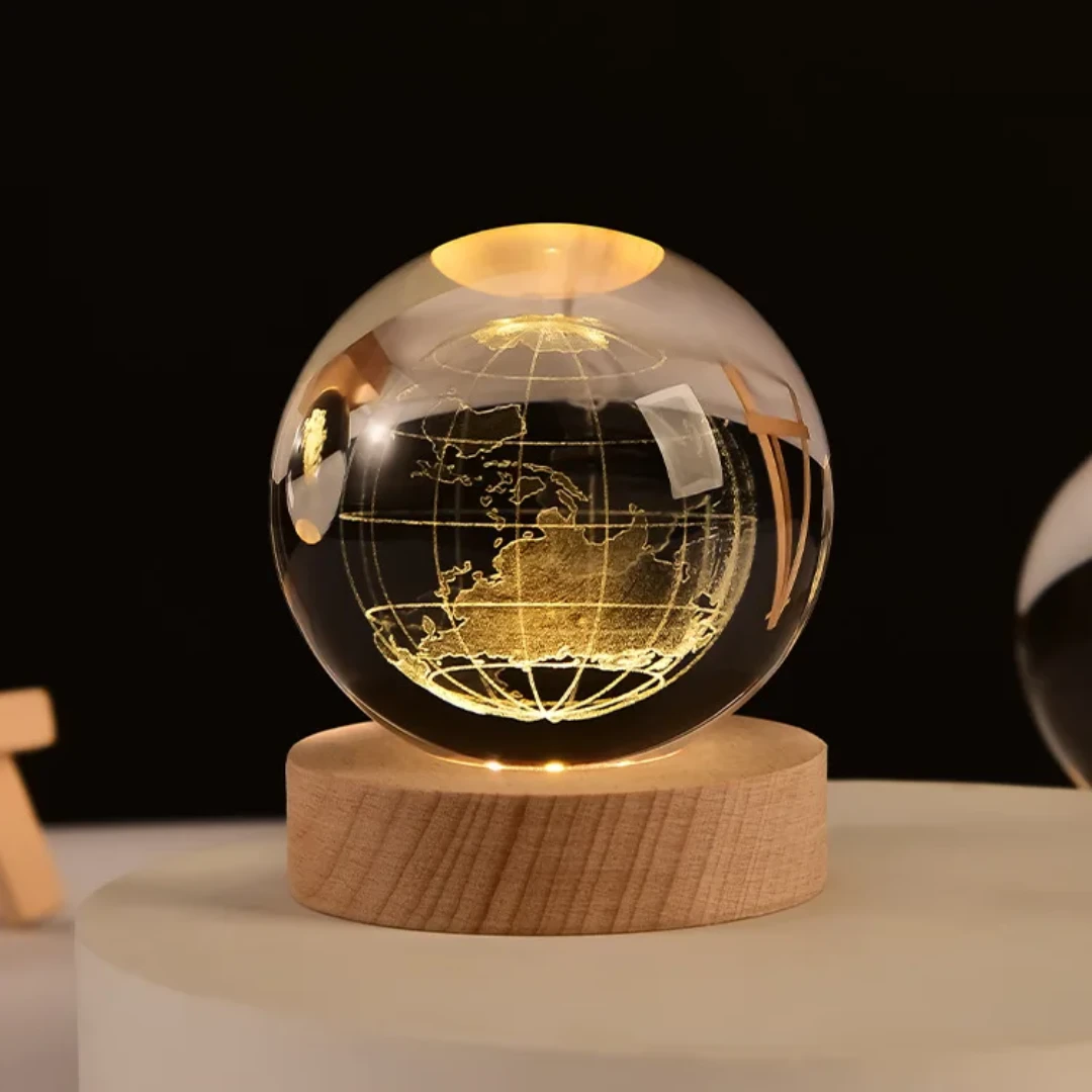 3D Crystal Earth Globe LED Lamp with Wooden Base Decorative lamp Table Lamps