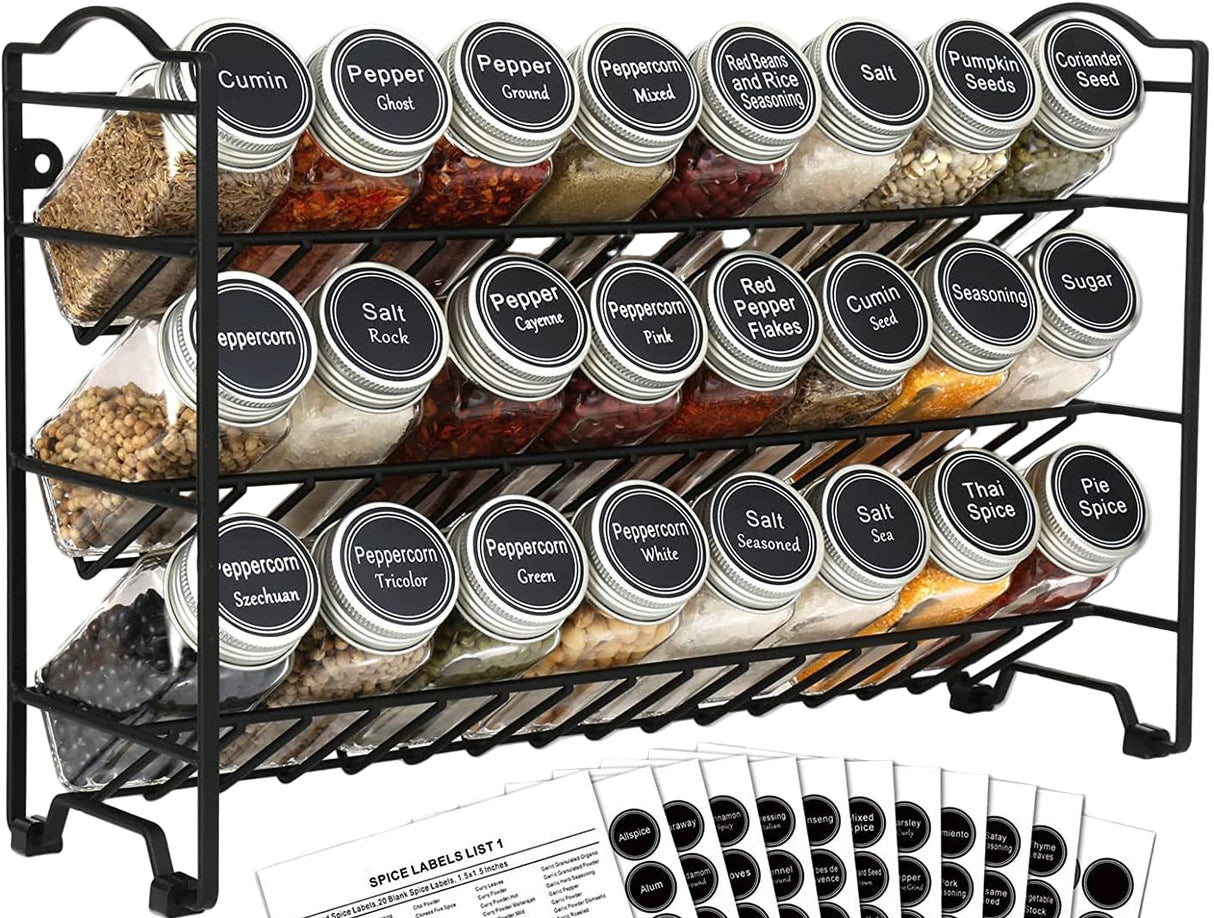 24pcs Spice Jars with Organizing Rack – 3 Tier, Wall-Mountable