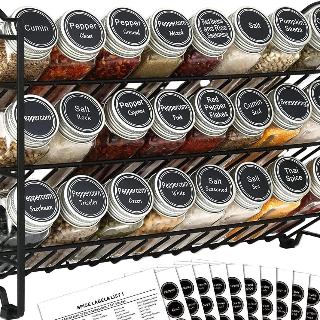 24pcs Spice Jars with Organizing Rack – 3 Tier, Wall-Mountable Spice Organizers
