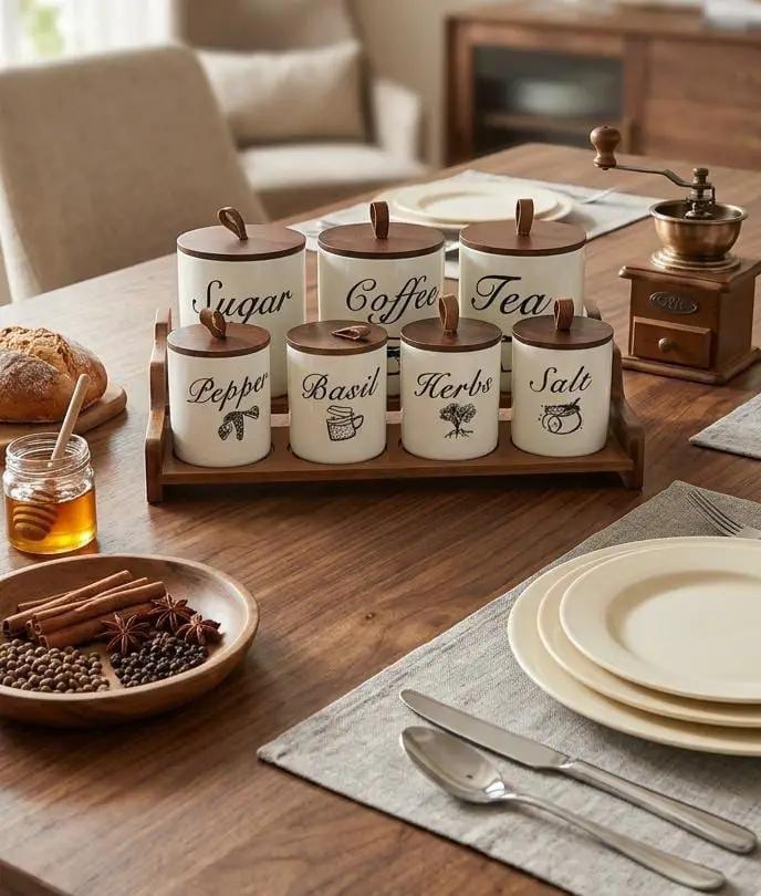 Luxury Ceramic Canister Set With Bamboo Lids And Chrome Tray 8 Piece Kitchen & Dining Food Storage Containers