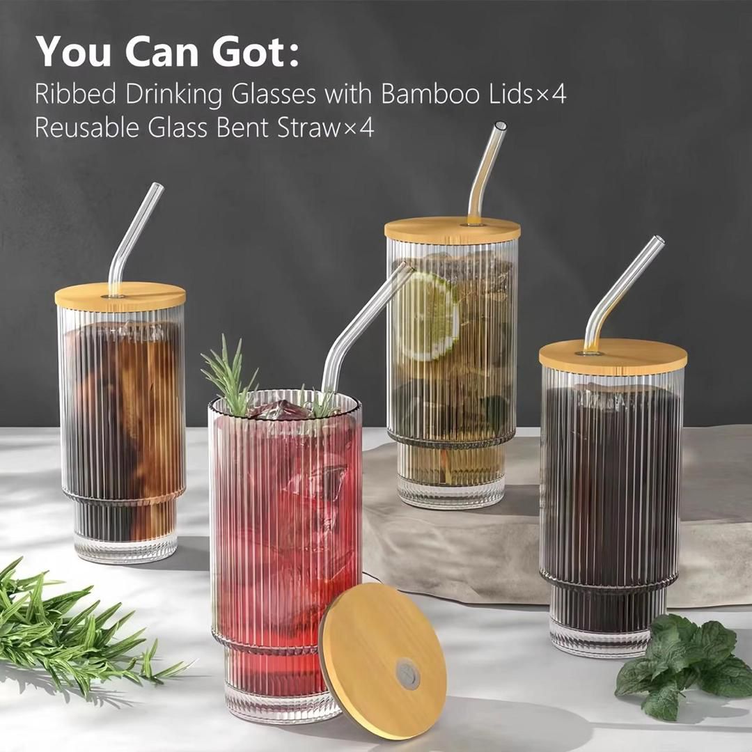 9pcs Glass Smoothie Cups Set – 350ml Jars with Bamboo Lids, Straws, and Cleaning Brush