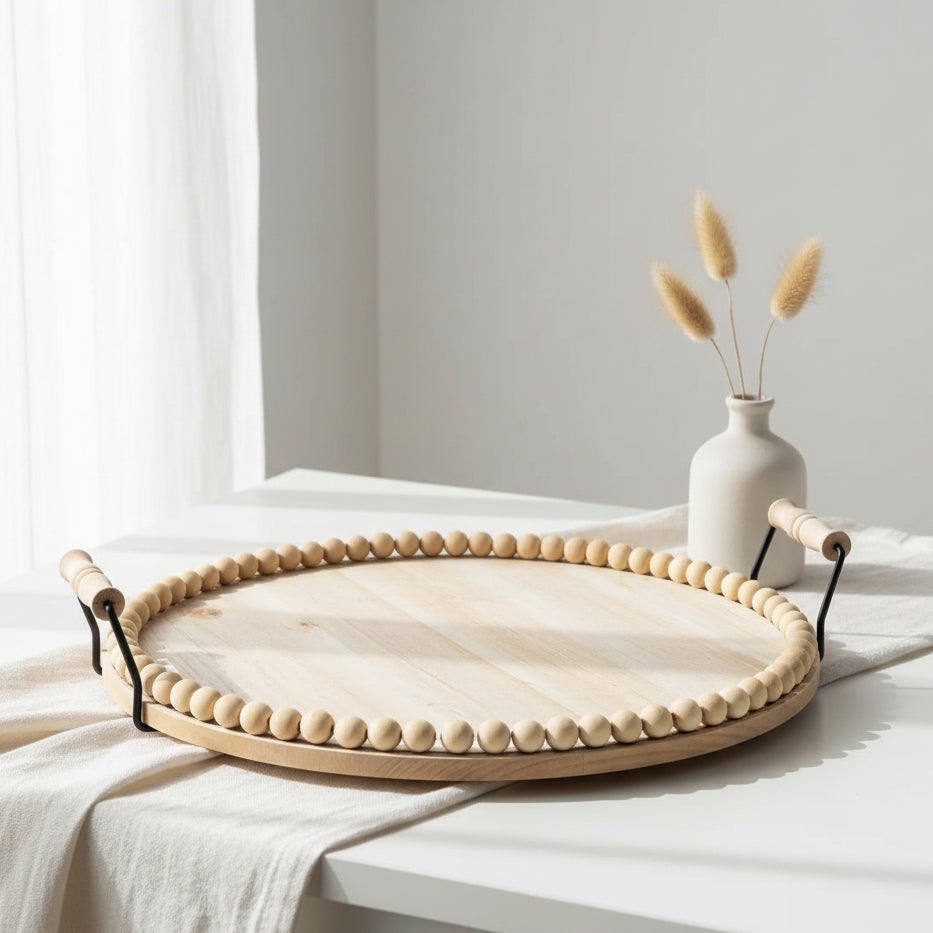 Wooden Bead Round Serving Tray Serving tray Decorative Trays