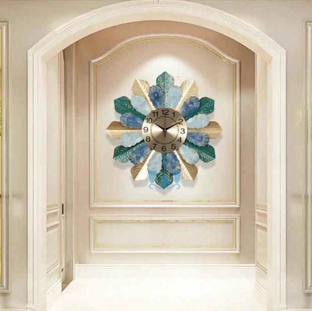 AK Brass Large Leaf Wall Clock with Nordic Multicolor Art Design Wall Clocks