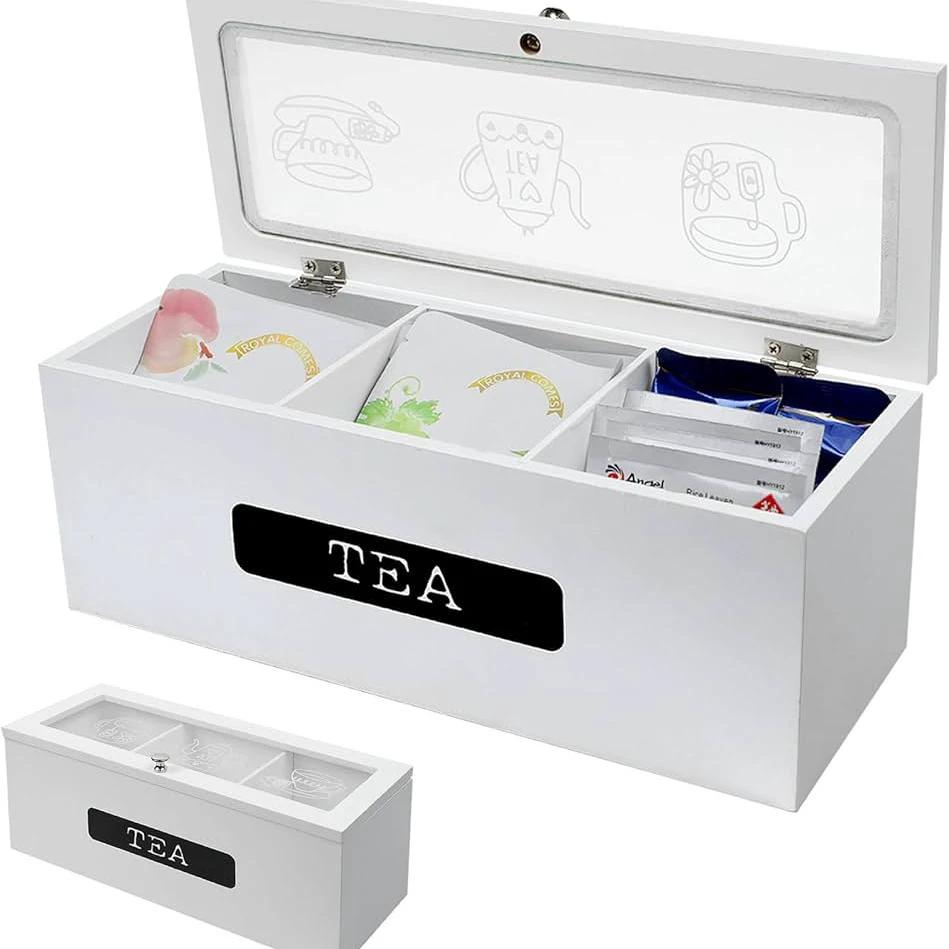 3 Compartment Tea Bag Organizer – Solid Pine Wood Kitchen Counter & Beverage Station Organizers
