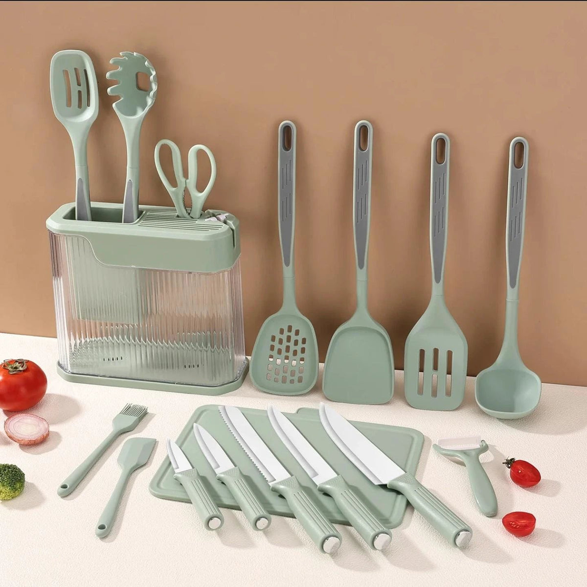 17pcs High Quality Silicone Kitchen Utensil Set – Heat Resistant 230°C with Knives, Tools, and Holder Uncategorized