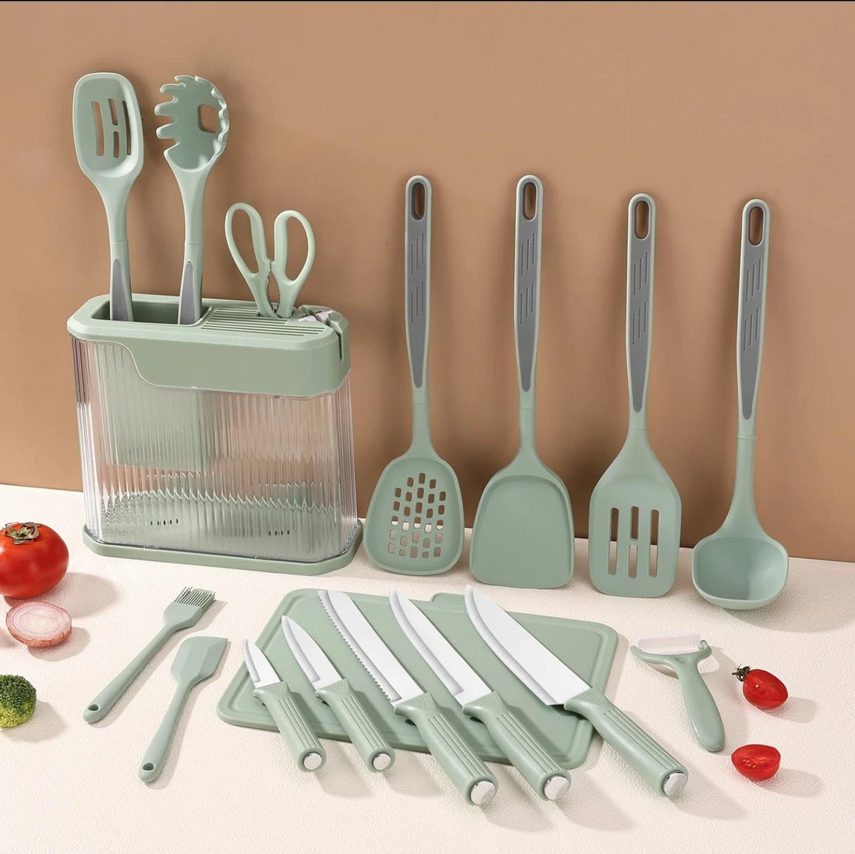 17pcs High Quality Silicone Kitchen Utensil Set – Heat Resistant 230°C with Knives, Tools, and Holder