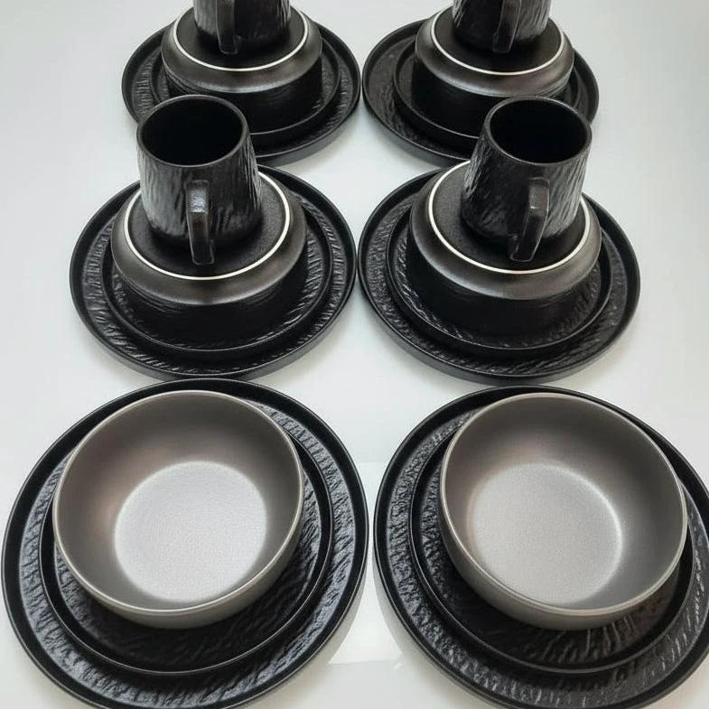 Black Ceramic 24pcs Dinner Set with Textured Modern Finish dinnerware Dinnerware Sets