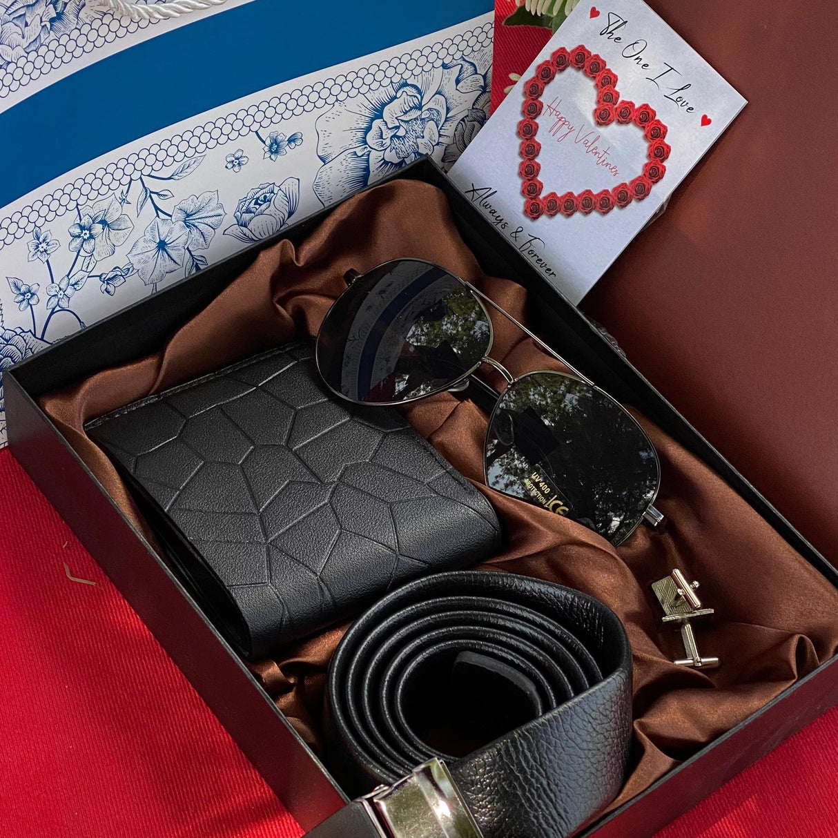 Valentines Men Gift Pack with Sunglasses Wallet Belt and Cufflinks