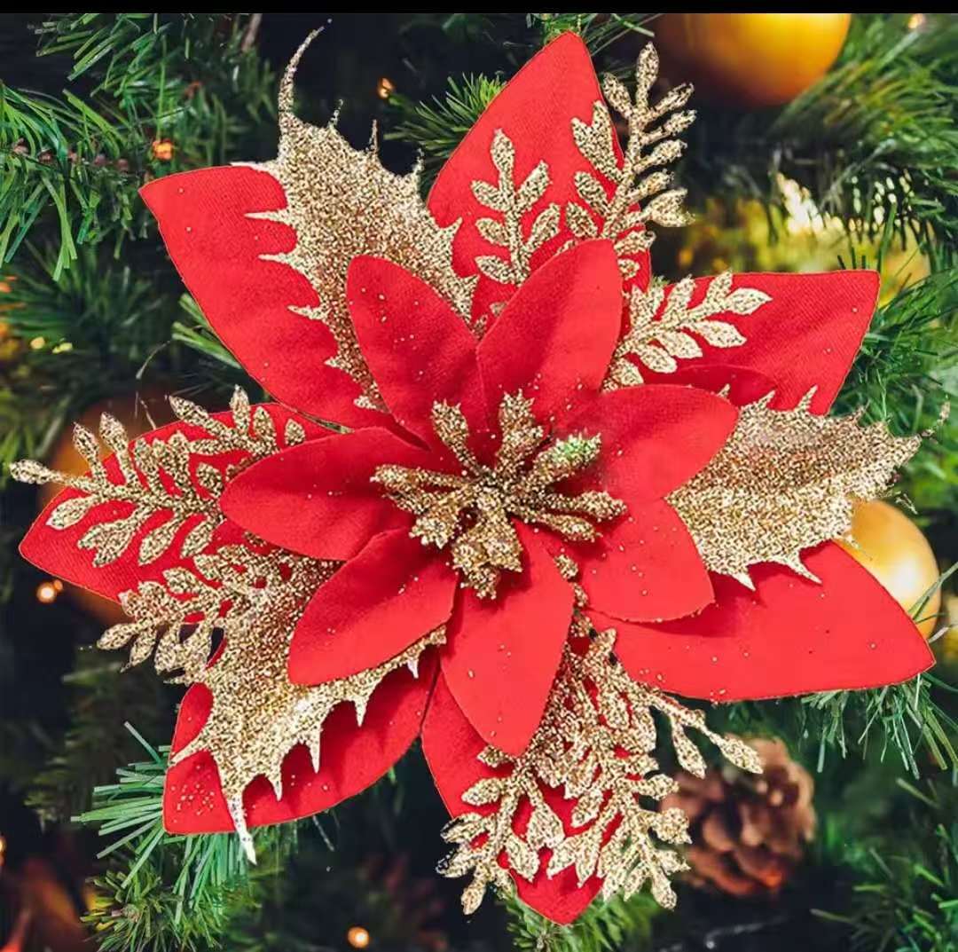 3pcs Christmas Flower Décor Set – 4cm Artificial Poinsettia Ornaments
