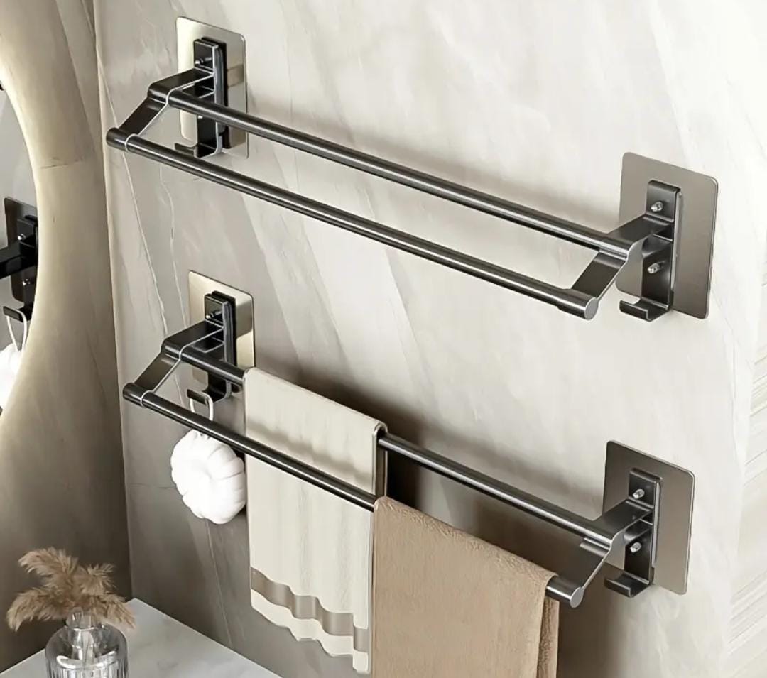 Wall-Mounted Double Towel Bar Aluminum No-Drill