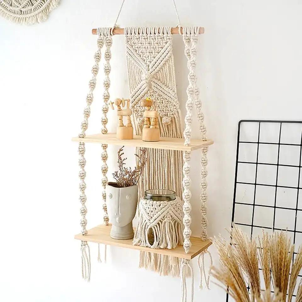 Macrame Wall Shelf 2 Tier Boho Hanging With Tapestry Decor Home Decor Floating Wall Shelves & Ledges