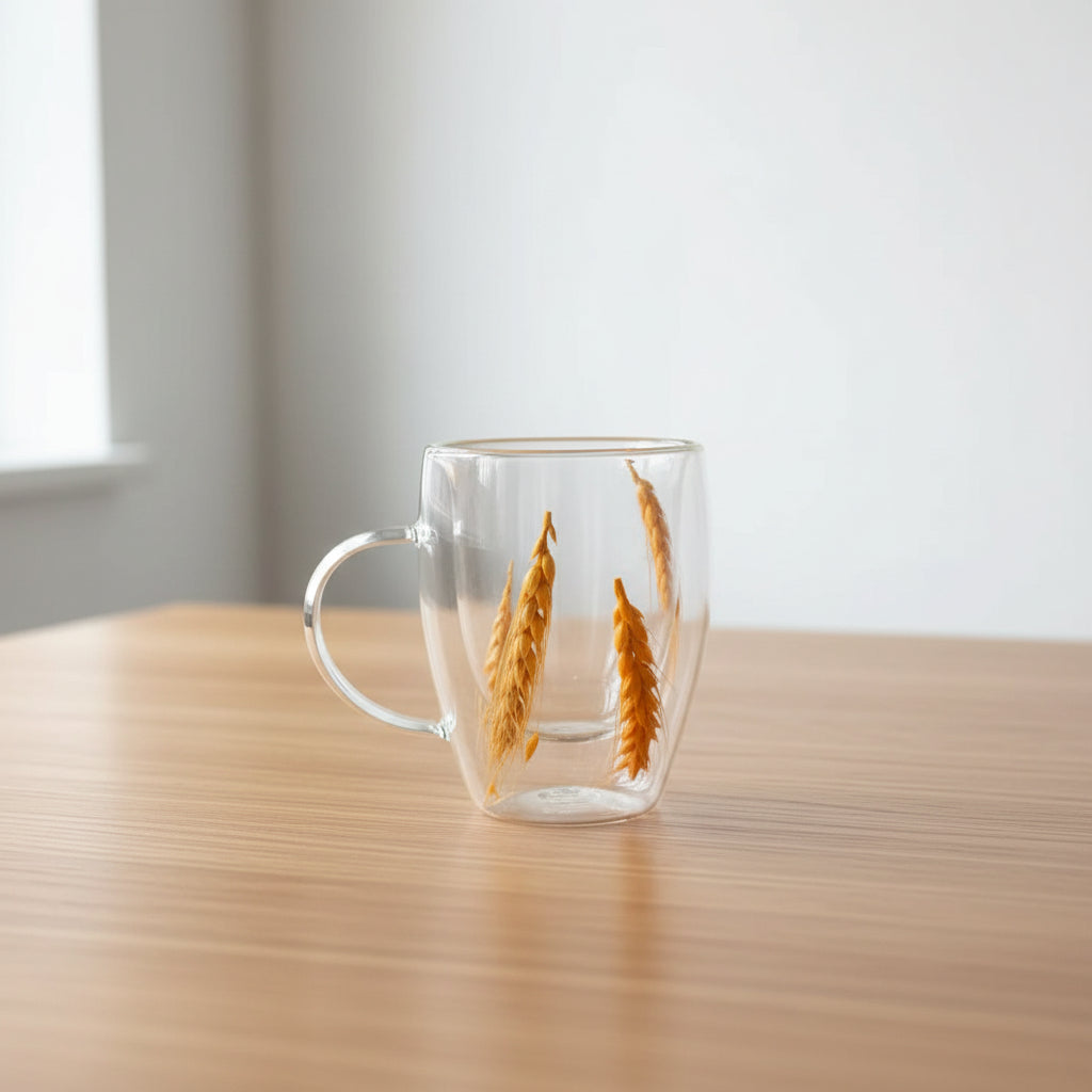 Double Wall Glass Mug with Pressed Floral Design Mugs