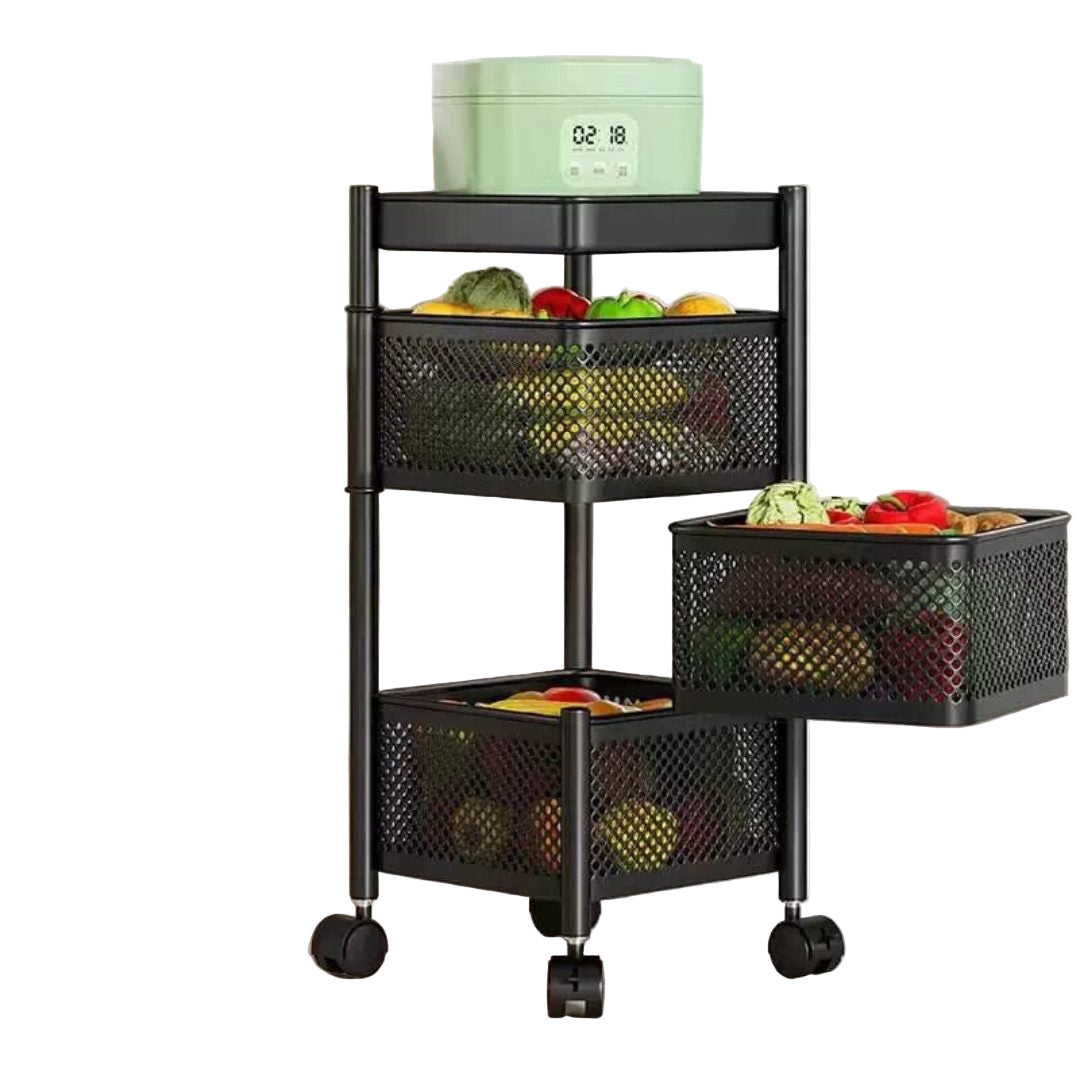 3-Tier Square Rotating Fruit and Vegetable Rack with Wheels
