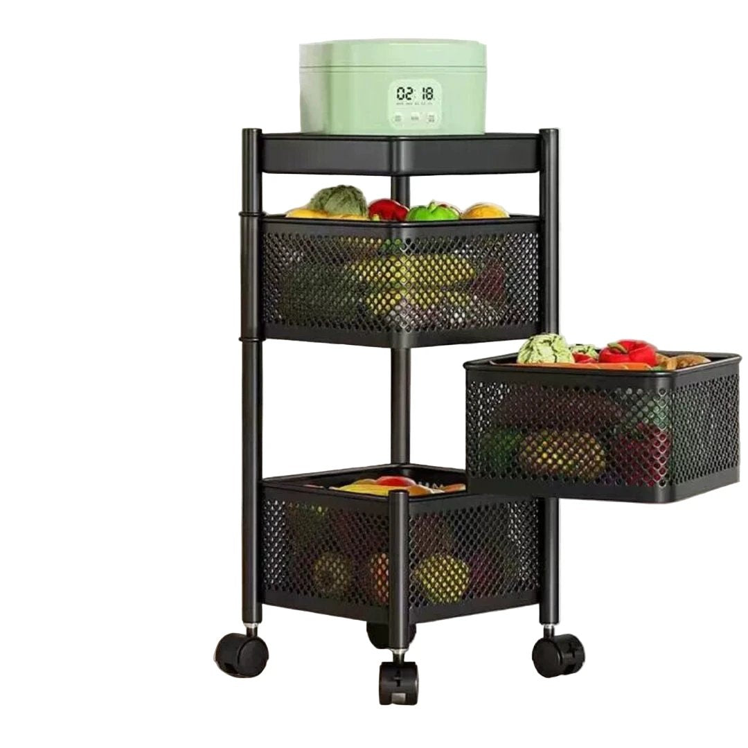 3-Tier Square Rotating Fruit and Vegetable Rack with Wheels Storage & Organization