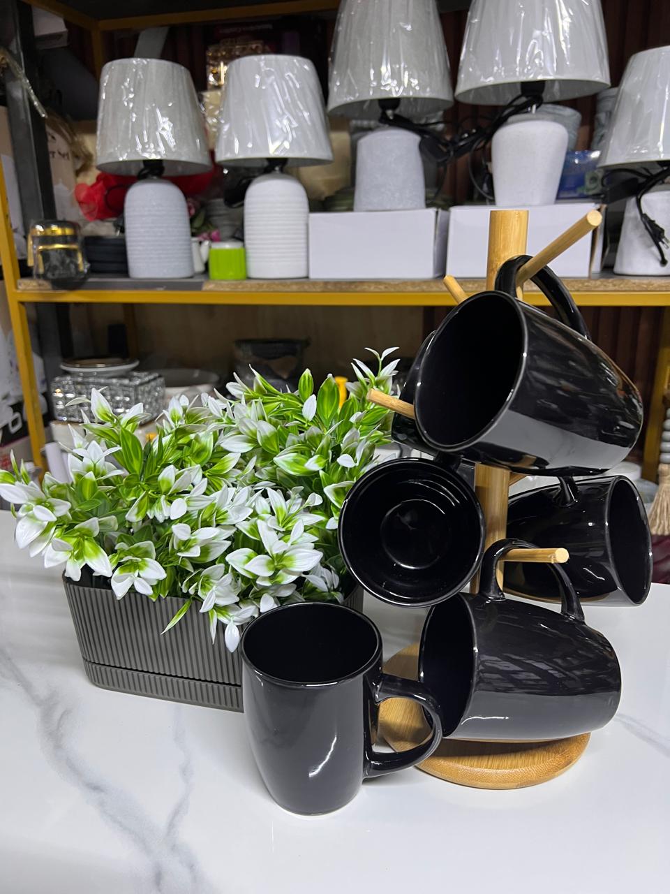 6pcs All Black Ceramic Mug Set 360ml Elegant Hot Beverage Cups