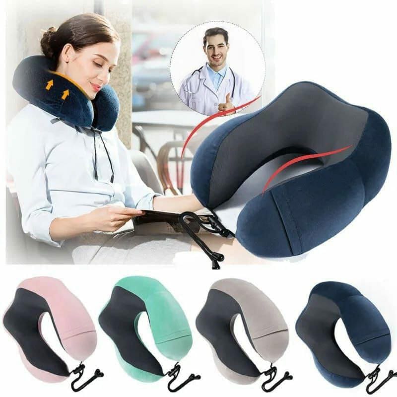 Memory Foam Travel Neck Pillow – Soft Washable Cover with Mobile Phone Pocket
