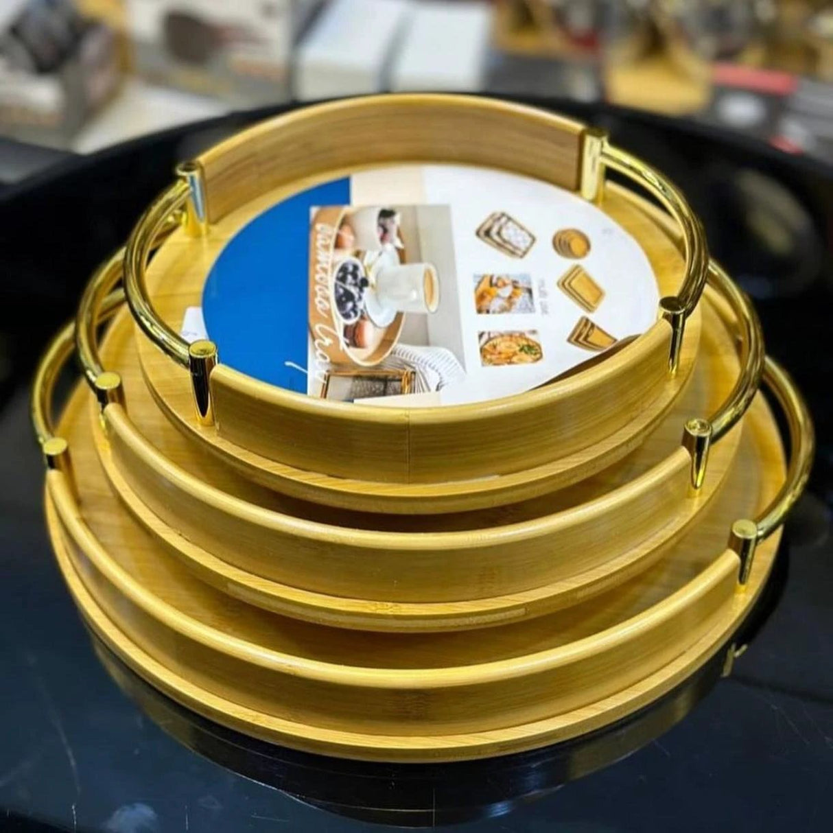 High Quality Multifunction Bamboo Trays with Gold Handles – Round Wooden Serving Trays Serving Trays