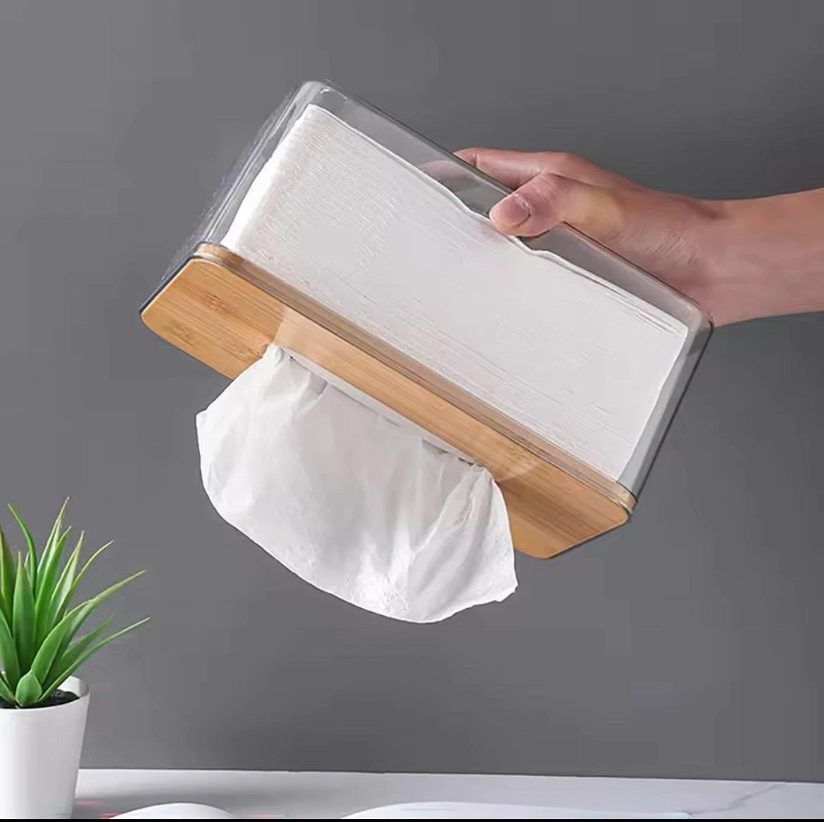 Nordic Minimalist Tissue Box with Bamboo Lid Transparent Serviette Holder Table accessories