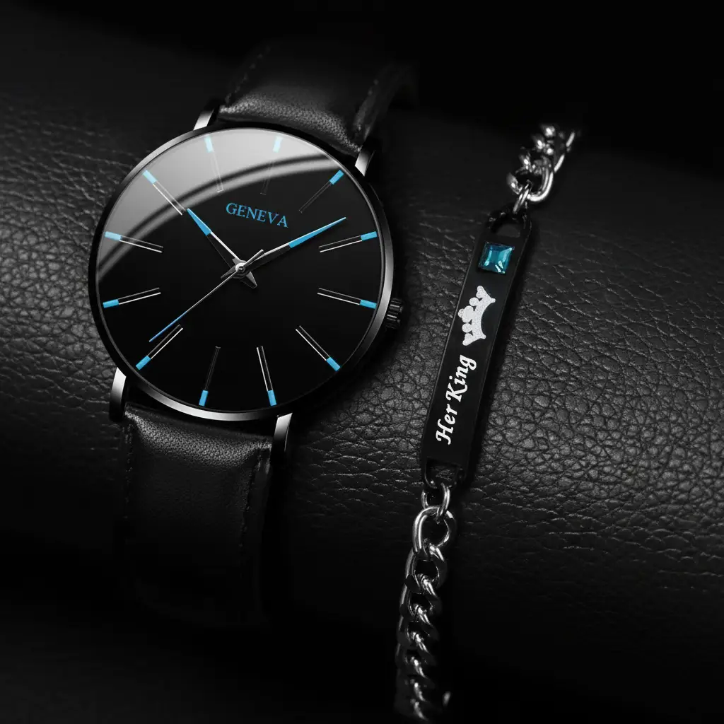 Men's 2 in 1 Geneva Watch & Bracelet Gift Set Jewelry Sets