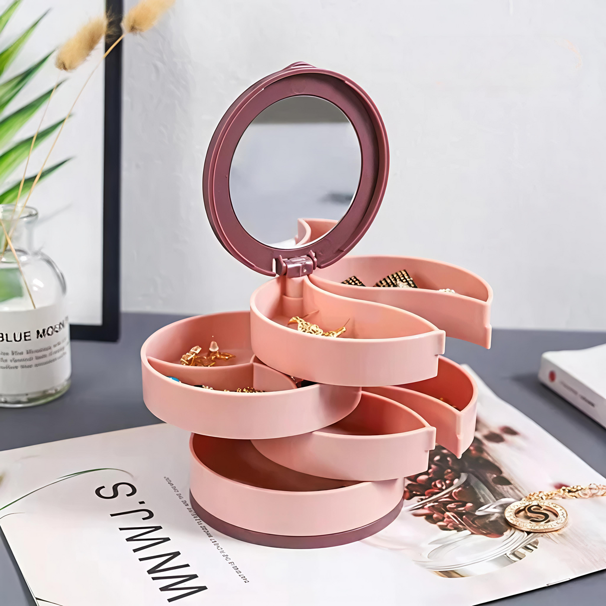 Rotating Multi Layer Jewelry Storage Box with Mirror