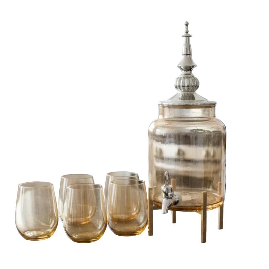 Glass Decanter with Tap and 6pcs Glass Set – Gold Design (1.5L) Kitchen & Dining