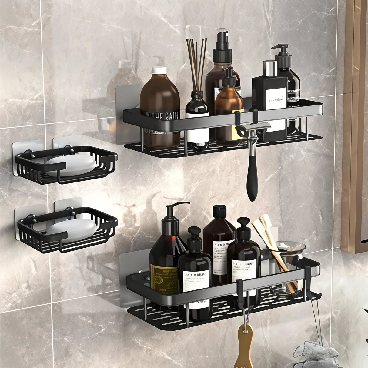 4pcs Shower Caddy Shelf Bathroom Organizer Set with Strong Adhesive Mount Shower caddy Wall-Mounted Caddies