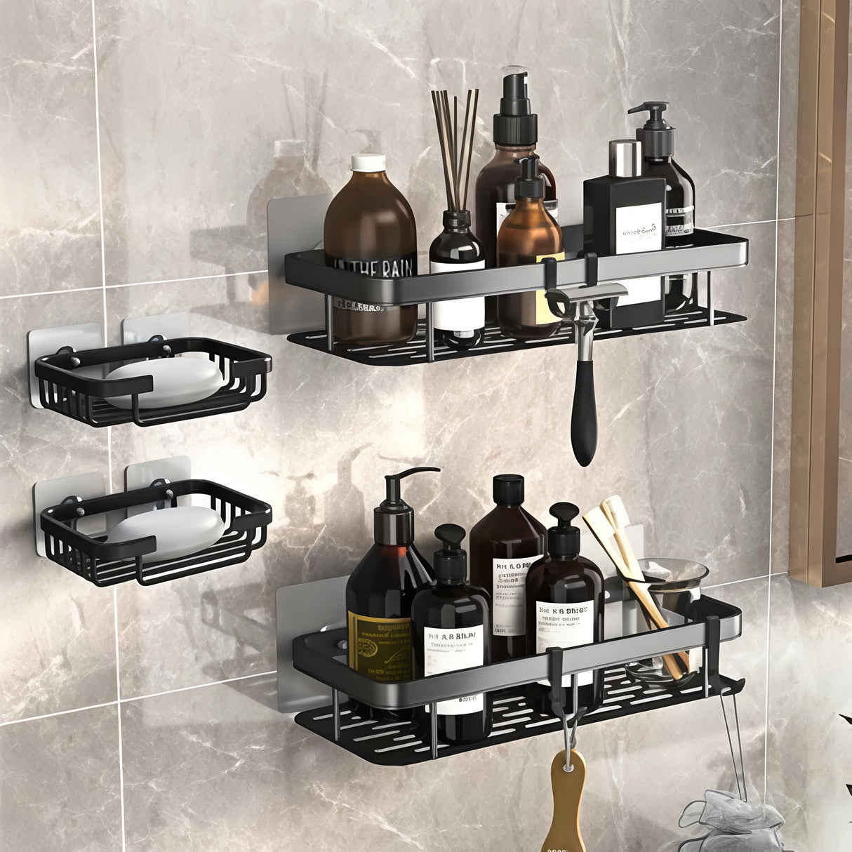 4pcs Shower Caddy Shelf Bathroom Organizer Set with Strong Adhesive Mount