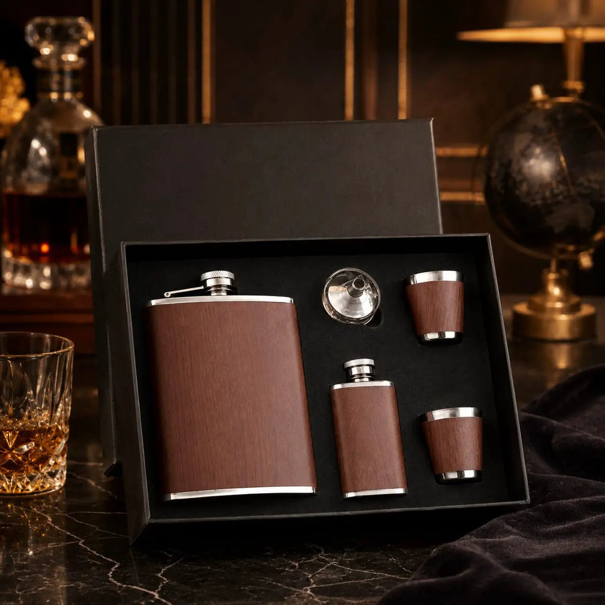 Leather Wrapped Whiskey Flask Gift Set For Hosts Two Flasks Gift set Decanters