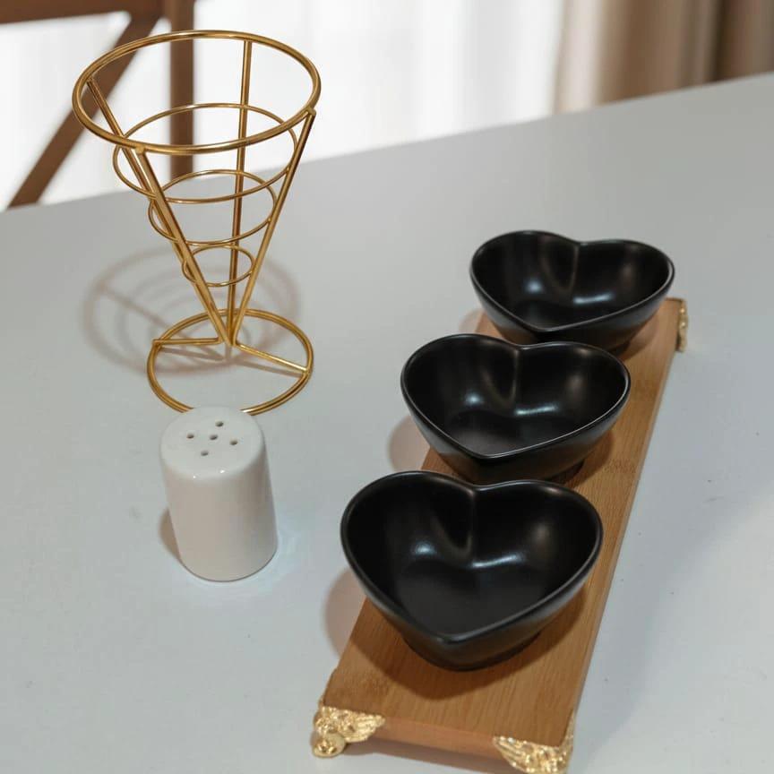Chips and Dip Luxury Serving Set with Ceramic Bowls and Bamboo Tray Serving Platters