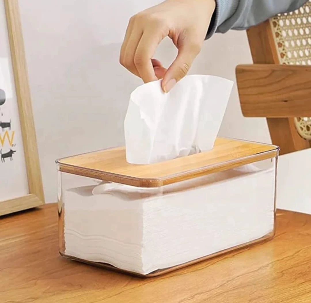Nordic Minimalist Tissue Box with Bamboo Lid Transparent Serviette Holder Table accessories