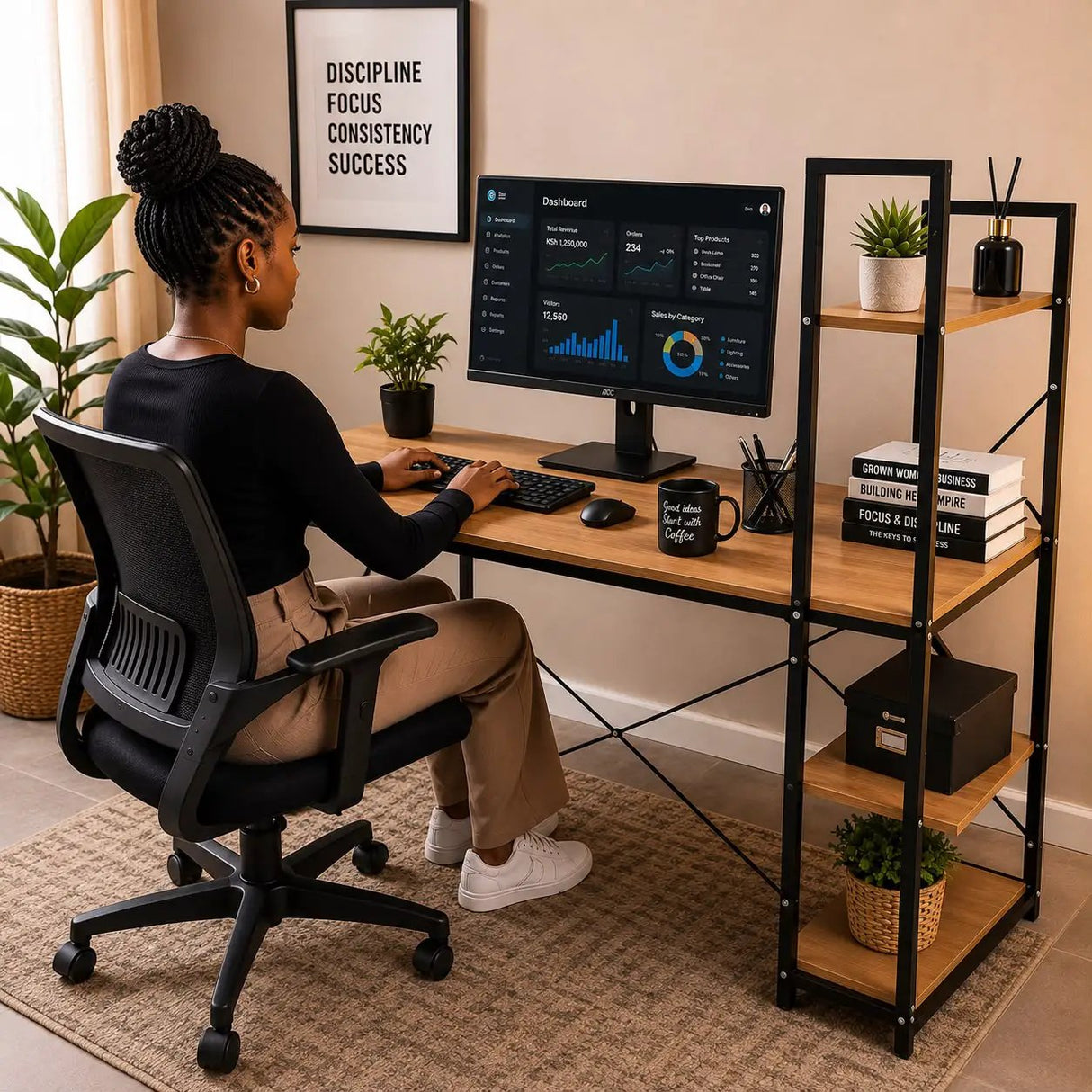 Modern Ergonomic Desk with Shelves Computer Desk Desks