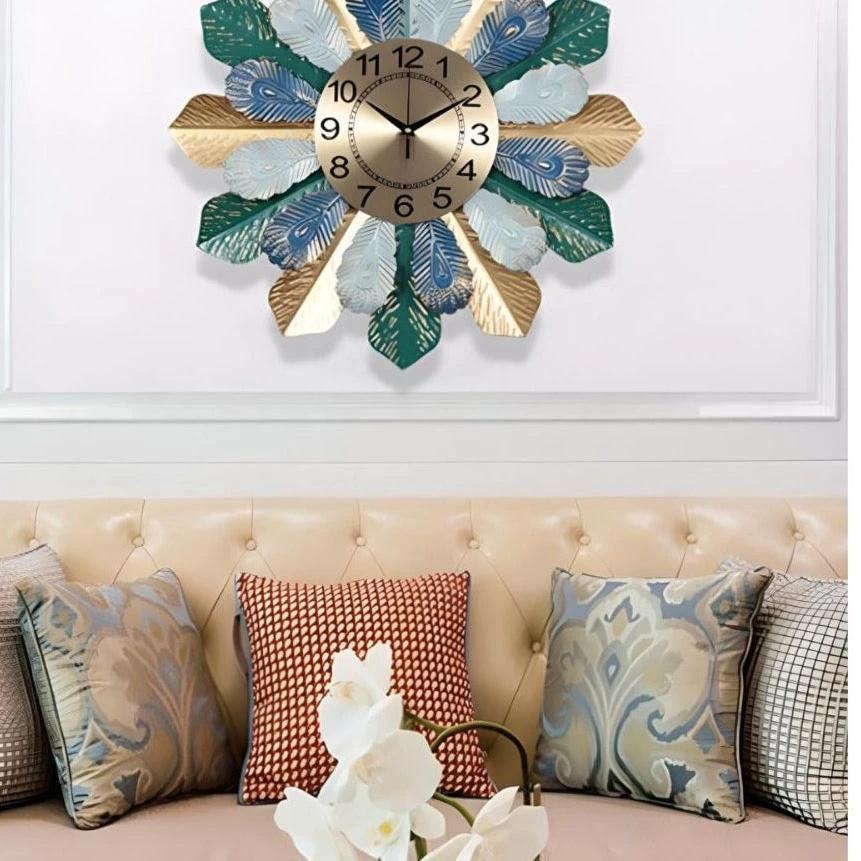 AK Brass Large Leaf Wall Clock with Nordic Multicolor Art Design Wall Clocks