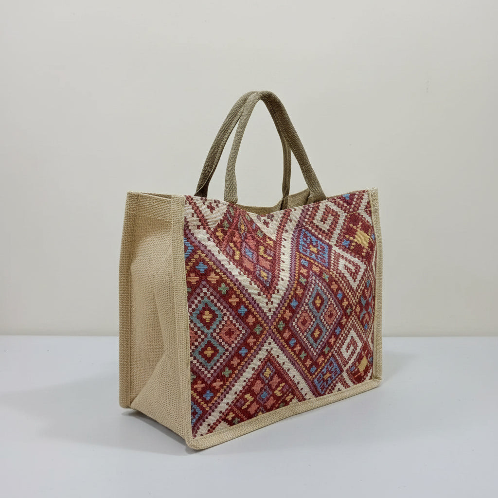 Geometric Tote Bag Eco Jute Canvas For Shoppers Smart Casual Bags & Accessories Tote Bags
