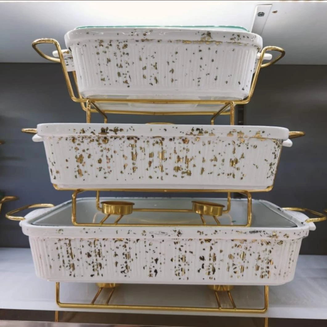 3pcs White Gold Ceramic Chafing Dish Set 3.5L, 2.5L, and 1.8L Elegant Food Warmers Cooking set Chafing Dishes