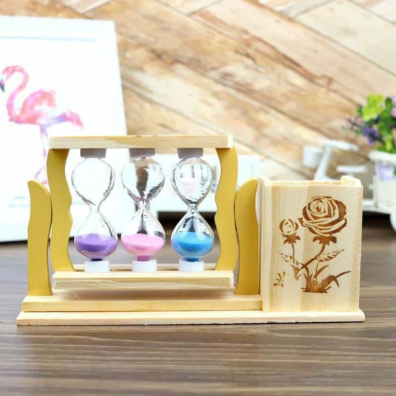 Handicraft Wooden Pen Stand with 3-Hourglass Timer Desk Organizer Pen holder Pen Holders