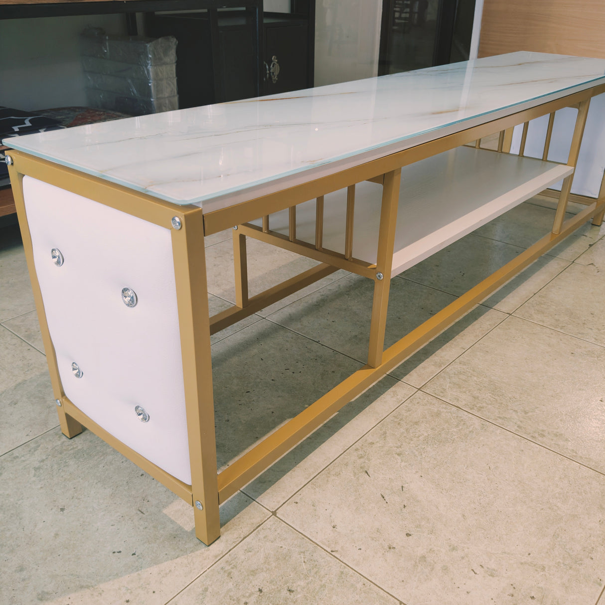 Modern glass Top TV Stand with Open Storage & Shelves