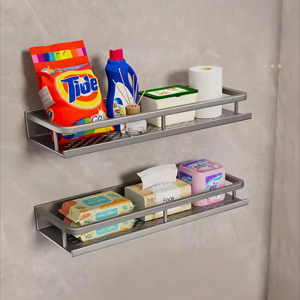 Bathroom Wall Shelf with Towel Bar – Matte Grey, Rustproof & Adhesive Mount Bathroom organiser Towel Racks