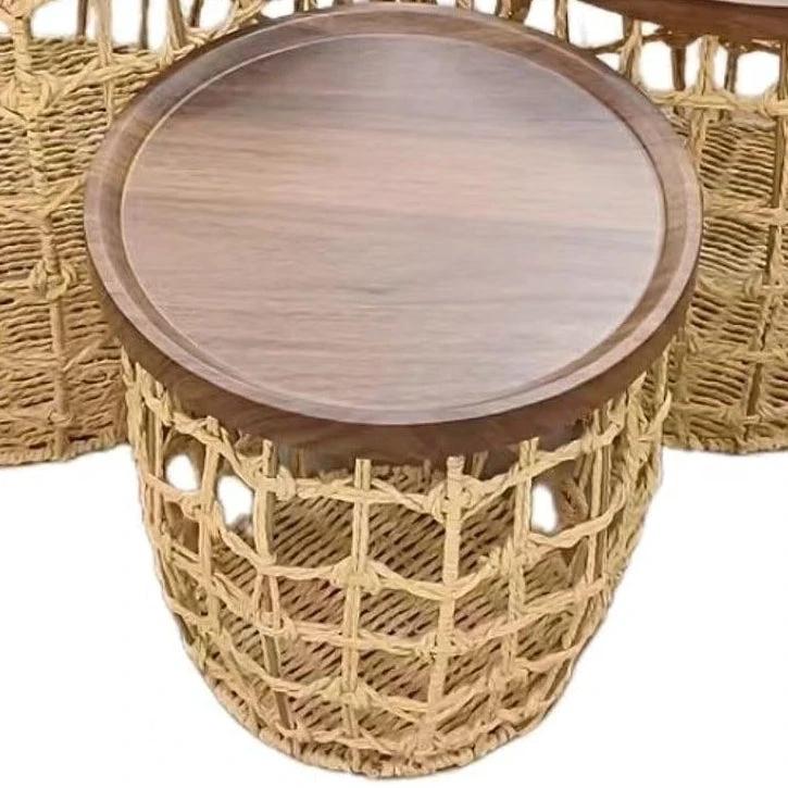 Woven Basket Side Table with Wooden Top - Natural & Brown Home Furnishings End Tables